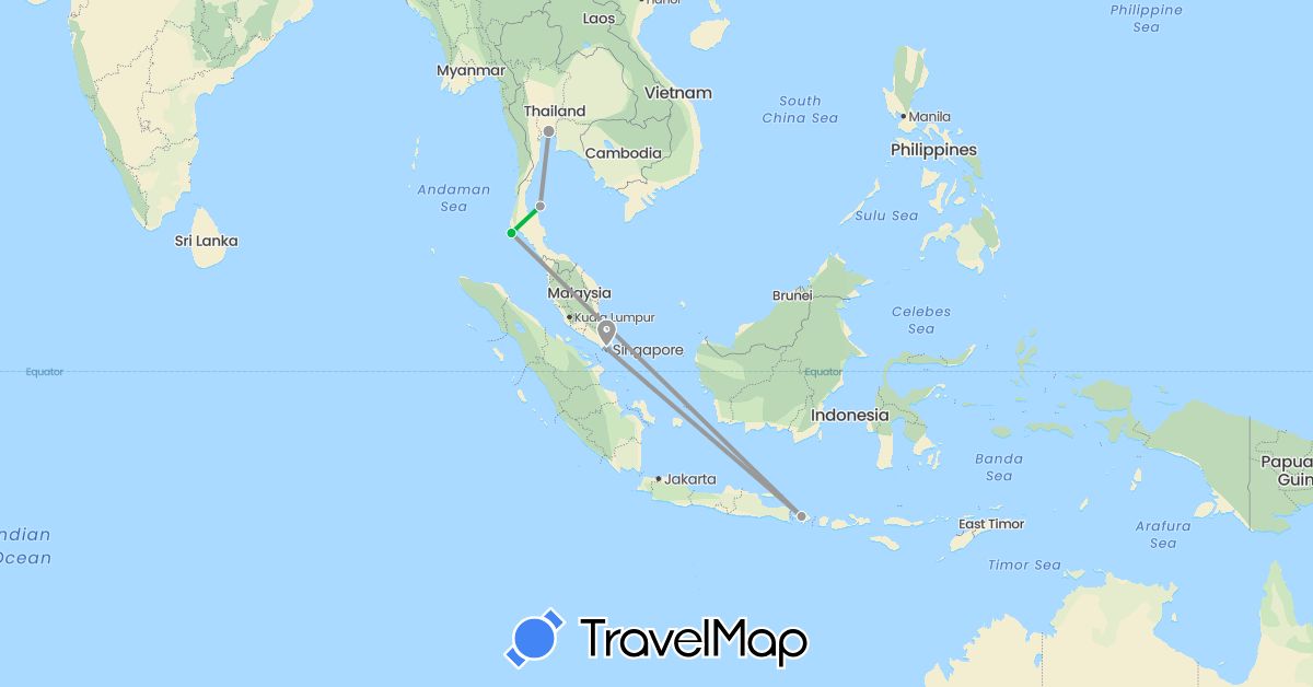 TravelMap itinerary: driving, bus, plane in Indonesia, Singapore, Thailand (Asia)